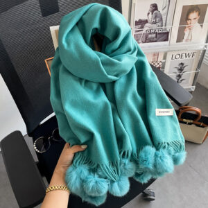 Beige Artificial Cashmere Scarf Fur Ball Winter Warm Tassel Shawl